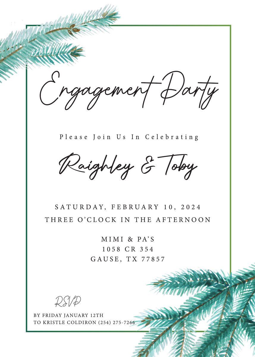 Raighley and Toby engagement party invitation with watercolor pine branches