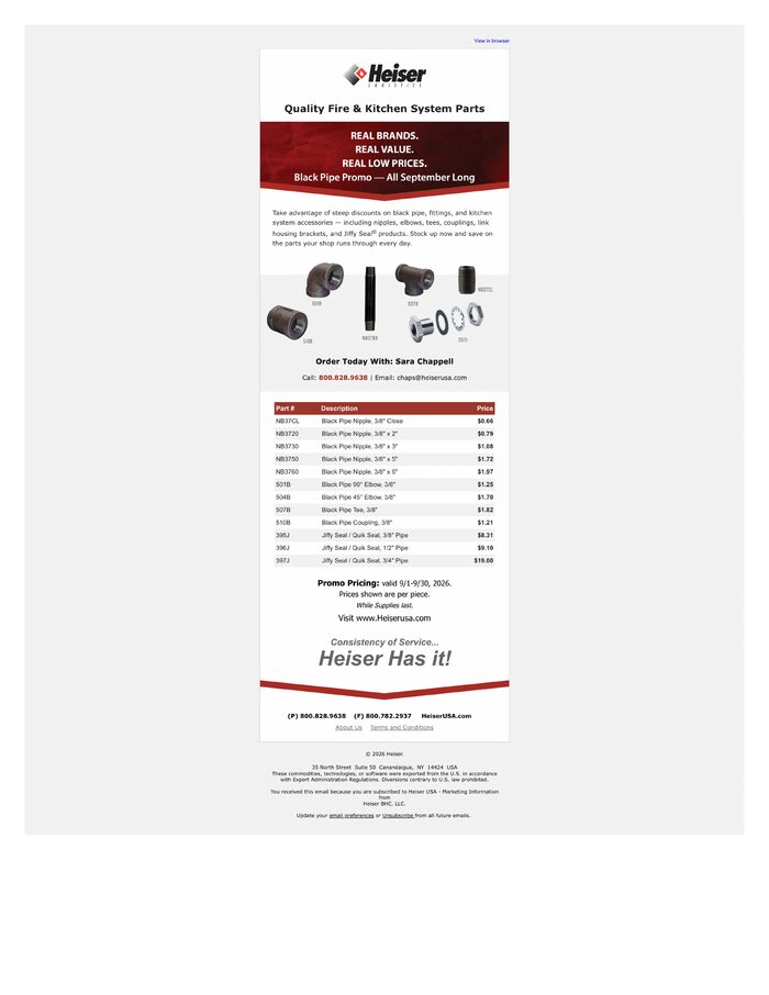 Heiser Black Pipe Promo email design