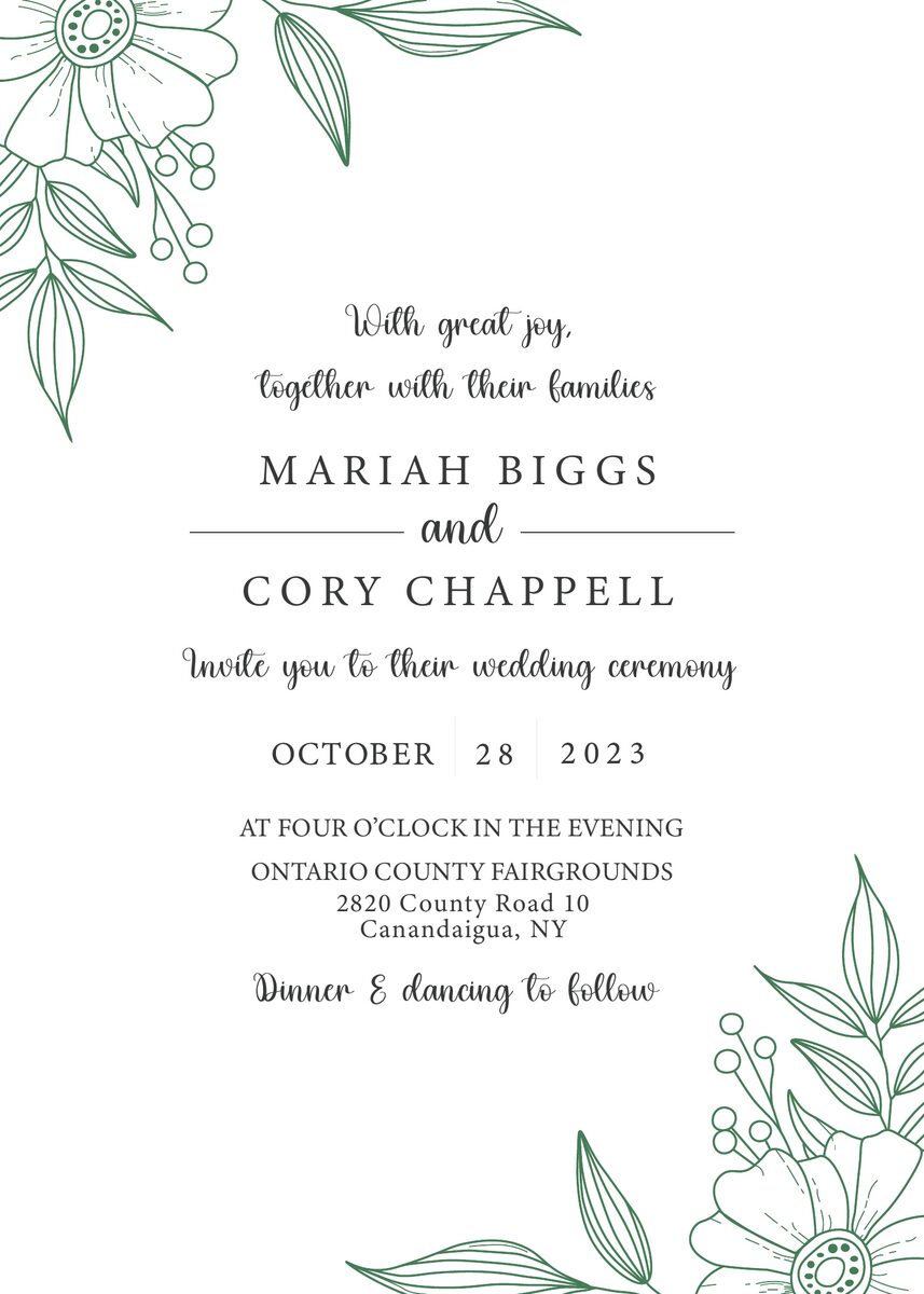 Cory and Mariah wedding invitation with hand-drawn floral corners